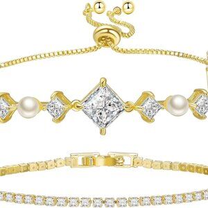 14K Gold Plated Tennis Bracelet Cubic Zirconia Classic Adjustable Bracelet Silve